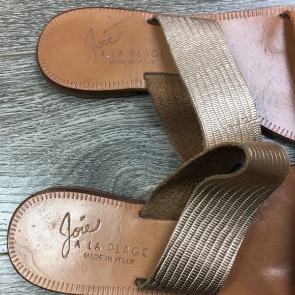 JOIE A La Plage Leather Tan/Gold Slip On Sandals - Picture 3 of 8